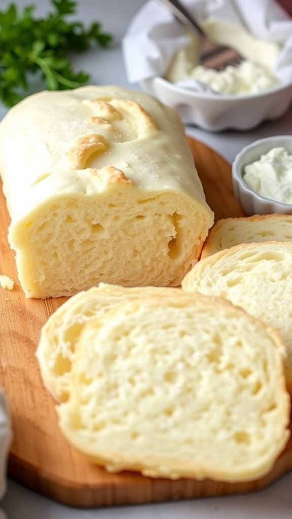 Fluffy cloud bread slices on a wooden board, showcasing its light texture.